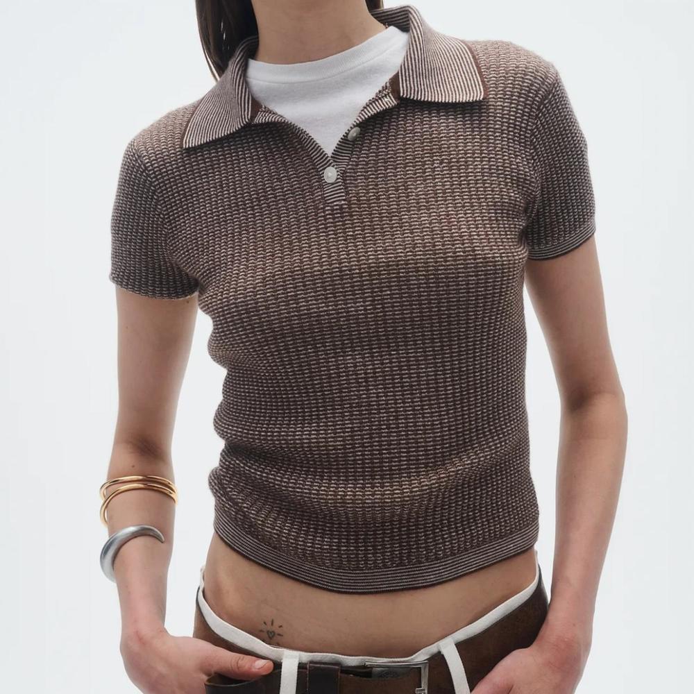 NEW GUEST IN RESIDENCE shrunken polo top in chestnut/cream